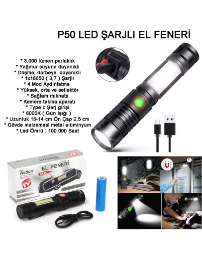 Geniş Açılı P50 Led Şarjlı EL Feneri Watton Wt-601