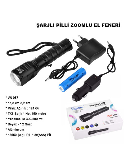 Şarjlı Pilli Zoomlu EL Feneri Watton Wt-087