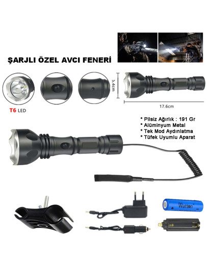 Orjinal 600 Lümen Tx6 Şarjlı Özel Avcı Feneri Watton Wt-253